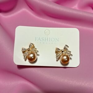 Fashion Jewelry Gold Pearl Bow Earrings